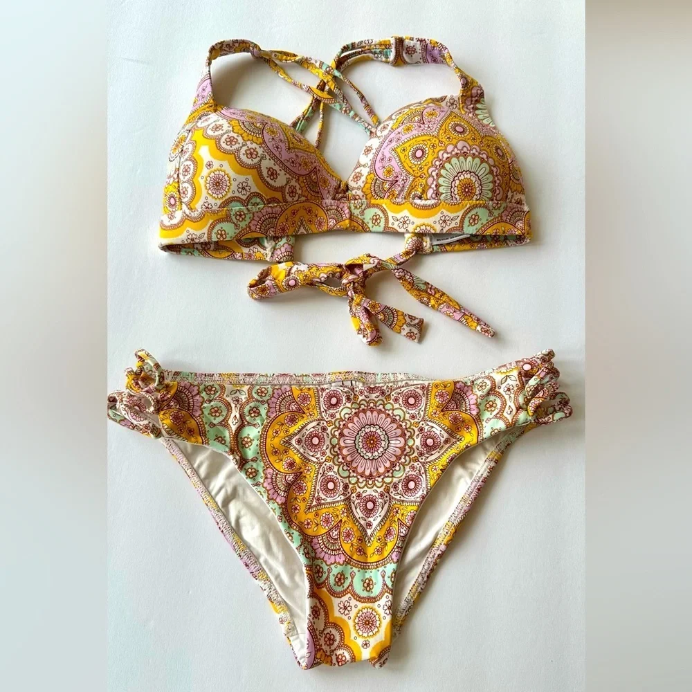Luli Fama Yellow Alhambra 2 piece Bikini Molded Push Up Bandeau Halter Small
